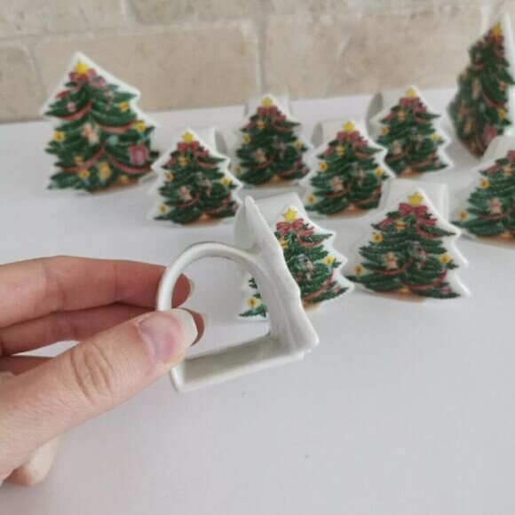 Vintage Christmas Tree Ceramic Napkin Rings & Candle Holder Set, Abbott Japan - Picture 2 of 10